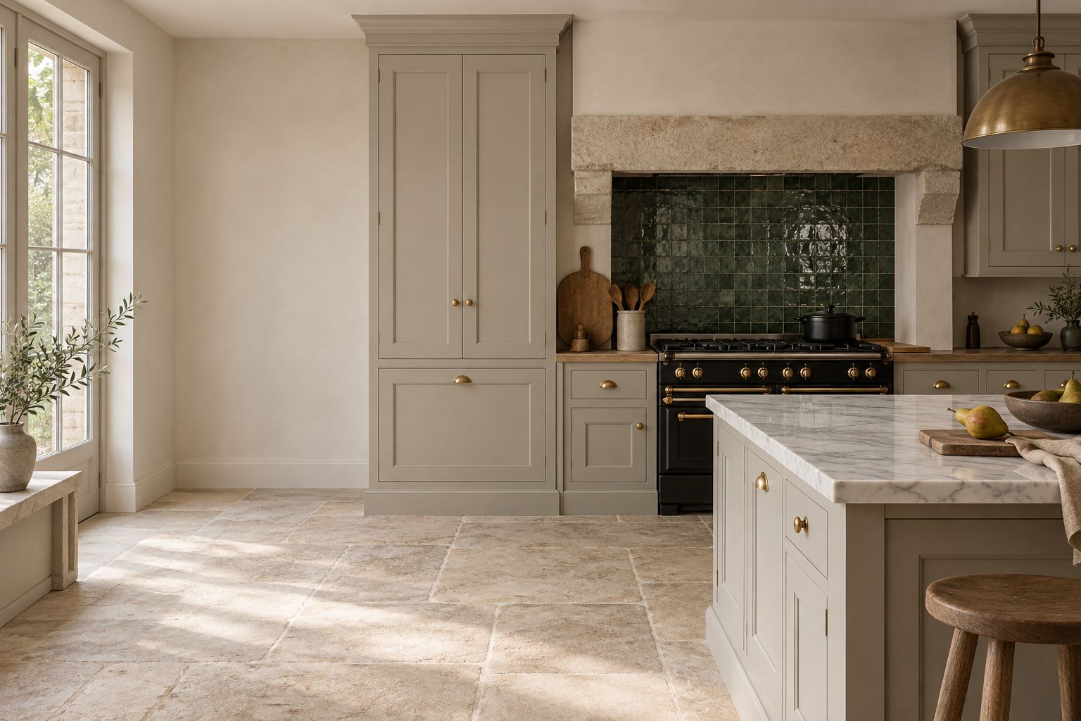 Cuisine conceptuelle aux façades gris perle, piano de cuisson noir et laiton, crédence en zellige vert et sol en pierre naturelle.