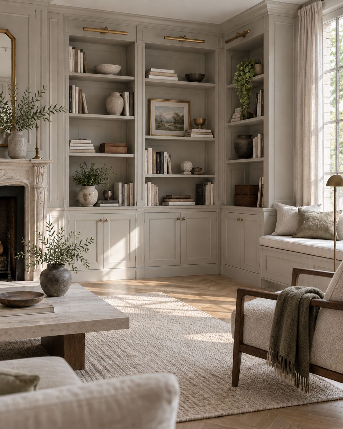 Bibliothèque sur mesure conceptuelle avec menuiserie gris perle, détails en laiton et cheminée en pierre.