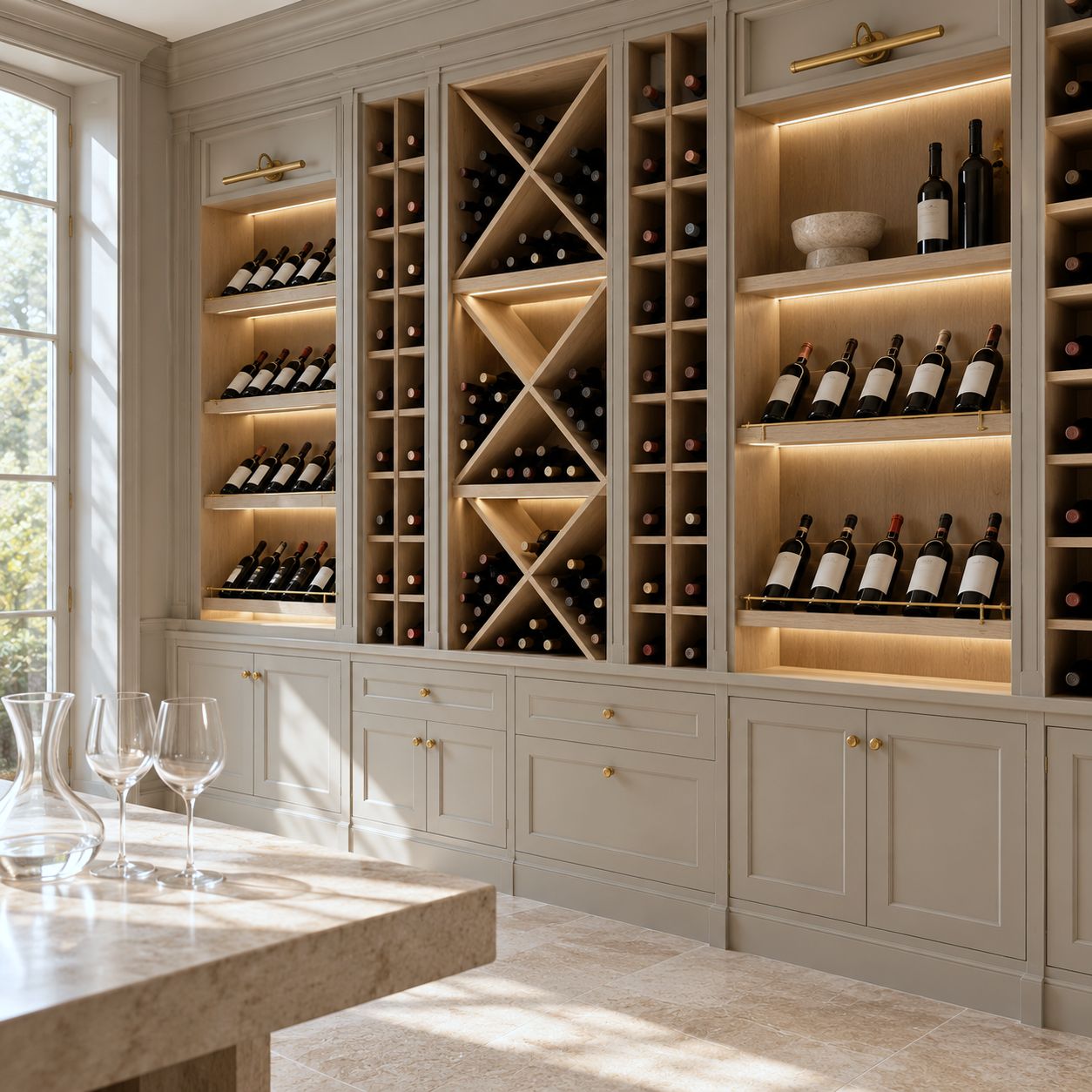 Cave à vin sur mesure conceptuelle avec casiers en bois, présentoirs à bouteilles et menuiserie gris perle.
