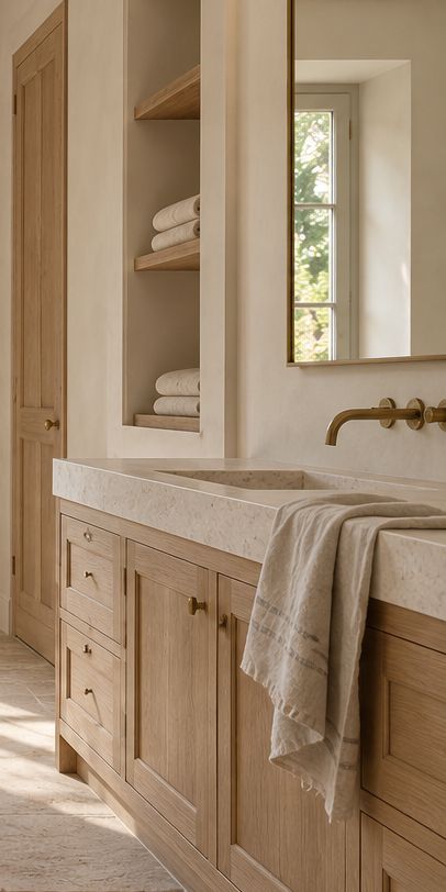 Détail de la même salle de bain conceptuelle : meuble vasque en bois clair à tiroirs et portes à cadre, plan d’aspect pierre, mitigeur mural doré et niches murales garnies de serviettes.